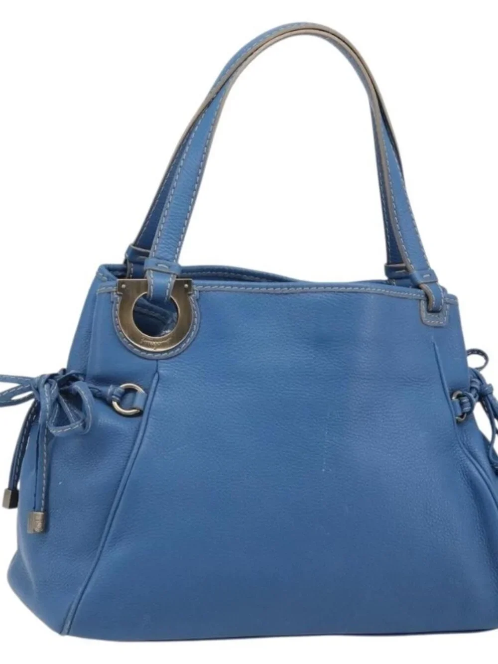 Salvatore Ferragamo Gancini Tote Bag Leather Blue Gold Auth 185584A